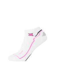 White ankle sock with pink and black accents, featuring a logo design and contrast stitching along the sides for added detail.