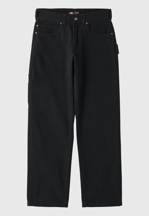 Black cotton pants with a straight-leg design, featuring two front pockets, a back pocket, and gold-tone hardware accents.