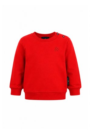 Felpa rossa a maniche lunghe per bambino con polsini e orlo a coste, bottoni a pressione sulle spalle e piccolo logo JR sul petto e etichetta sulla cucitura laterale.