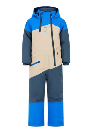 Kinderen sneeuwoverall in beige, blauw en donkergrijs. Beschikt over een capuchon, ritssluitingen en elastische boorden voor warmte en comfort.