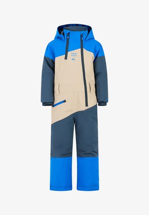 Kinder-Schneeoverall in Beige, Blau und Dunkelgrau. Mit Kapuze, Reißverschlusstaschen und elastischen Bündchen für Wärme und Komfort.