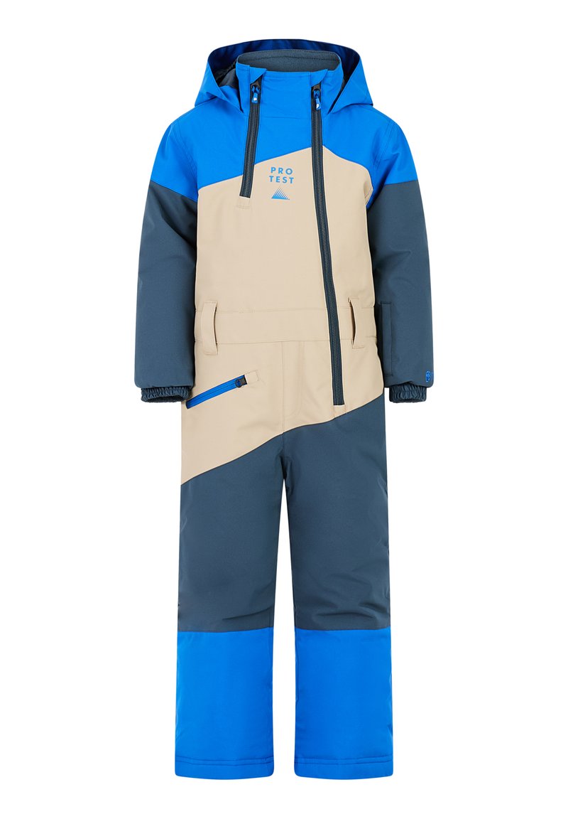 Overall de nieve para niños en beige, azul y gris oscuro. Presenta una capucha, bolsillos con cremallera y puños elásticos para mayor calidez y comodidad.