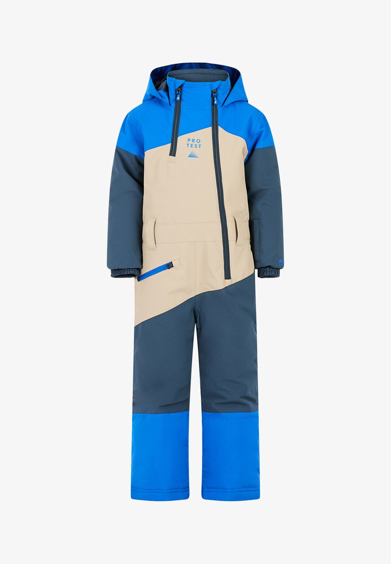 Kinderen sneeuwoverall in beige, blauw en donkergrijs. Beschikt over een capuchon, ritssluitingen en elastische boorden voor warmte en comfort.