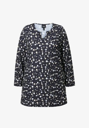 Pitkähihaisessa tummansinisessä tunikassa on ympyräkuvioita hajautetusti valkoisena ja kermanvärisenä. Siinä on V-mallinen kaula-aukko ja rento istuvuus.