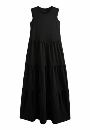 Robe longue noire sans manches avec jupe froncée à volants et encolure ronde, confectionnée en tissu doux.