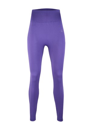 Paarse legging gemaakt van rekbare stof, met een hoge taille en een gladde textuur. Geen patronen of opvallende hardware zijn zichtbaar.