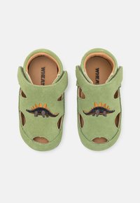 Grüne Kleinkind-Sandalen mit Dinosaurier-Stickereien, offene Zehen und Seiten sowie verstellbaren Klettverschlüssen, auf einem weißen Hintergrund präsentiert.