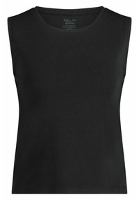 Svart ärmlös topp i mjukt tyg, med klassisk rund halsringning och figurnära silhuett, med rena kanter och utan utsmyckningar.