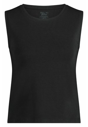 Schwarzes ärmelloses Top aus weichem Stoff, mit klassischem Rundhalsausschnitt und taillierter Silhouette, mit sauberen Kanten und ohne Verzierungen.