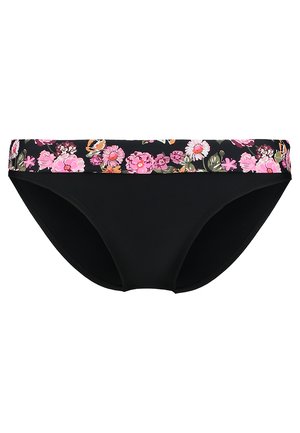 Μαύρη μπικίνι κάτω με floral μέση που περιλαμβάνει ροζ και λευκά λουλούδια σε σκούρο φόντο. Λειαρή υφή και σχέδιο χαμηλής μέσης.