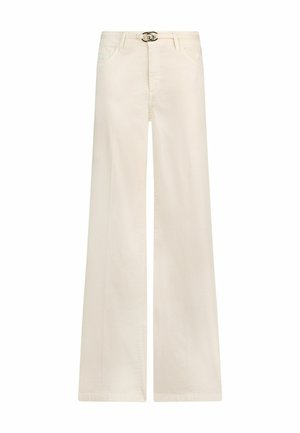 Pantaloni a vita alta a gamba larga color bianco sporco con cintura diagonale in metallo e tasche frontali.