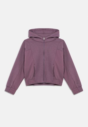 Paarse hoodie met ritssluiting, lange mouwen, voorzakken, elastische manchetten en een capuchon, plat gelegd op een witte achtergrond.