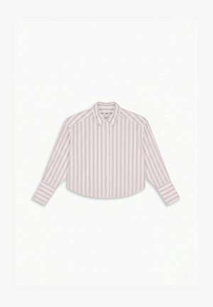 Camicia corta a maniche lunghe con righe verticali rosse e bianche e colletto a punta, distesa su uno sfondo bianco.