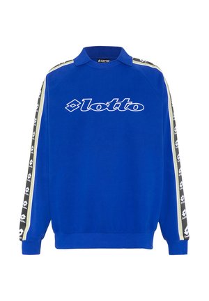 Blue long-sleeve sweatshirt with collar, "lotto" logo printed on chest, and branded black and white stripe running down both sleeves.