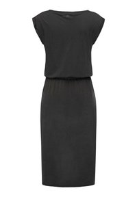 Schwarzes Kleid mit kurzen Ärmeln und lockerer Passform, das einen elastischen Bund hat. Hergestellt aus weichem, glattem Stoff ohne sichtbare Muster.