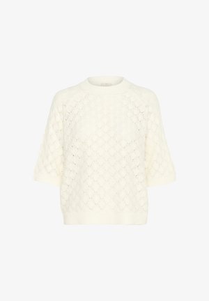 Baltā adītā īso piedurknju džemperis ar teksturētu rombu rakstu un ribinātu apaļu kakla izgriezumu. Piemērots ikdienas valkāšanai.