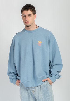 Młody mężczyzna o krótkich brązowych włosach, ubrany w jasnoniebieską, za dużą bluzę z małym pomarańczowo-żółtym wzorem na piersi.