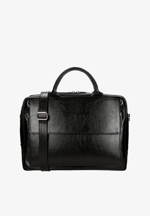 Zwarte leren aktetas met een gladde textuur, handvatten aan de bovenkant, een verstelbare schouderband, een voorvak en een hoofdcompartiment met rits.