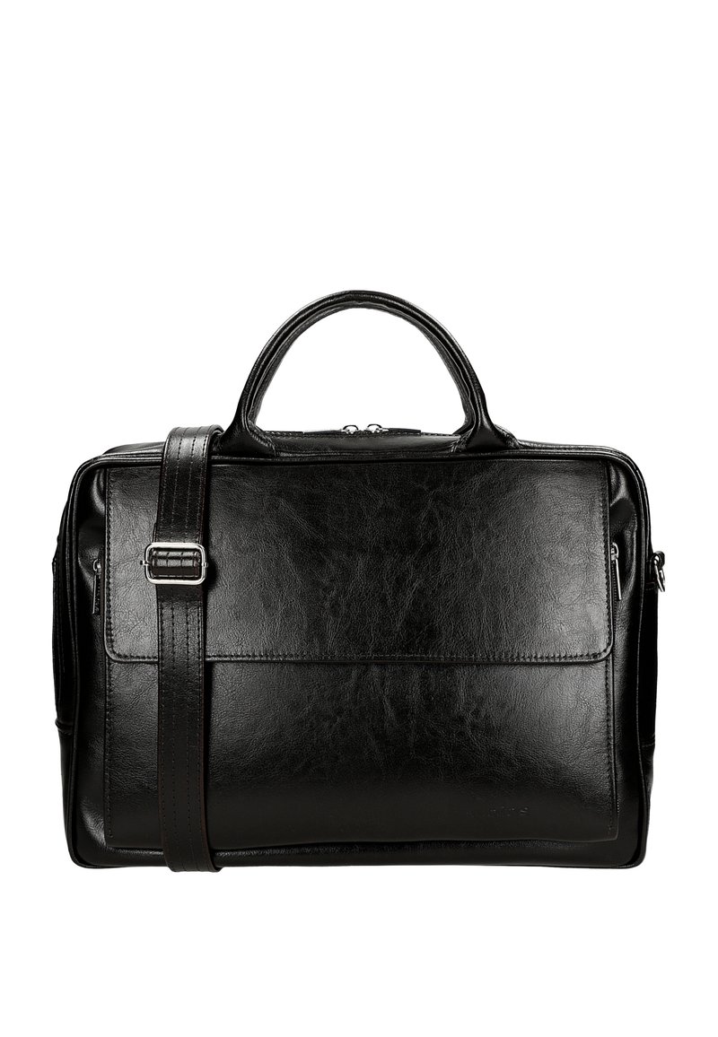 Černá kožená aktovka s hladkou texturou, horními rukojeťmi, nastavitelným ramenním popruhem, přední kapsou a mainu s uzávěrem na zip.