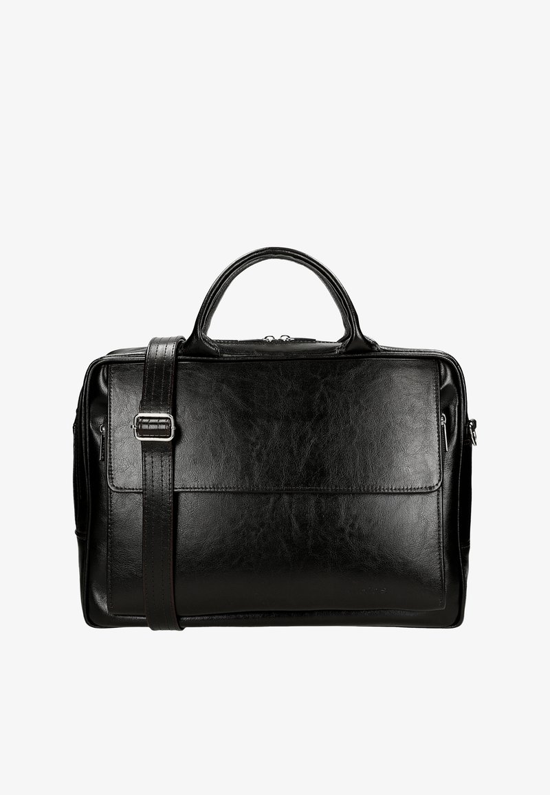 Černá kožená aktovka s hladkou texturou, horními rukojeťmi, nastavitelným ramenním popruhem, přední kapsou a mainu s uzávěrem na zip.