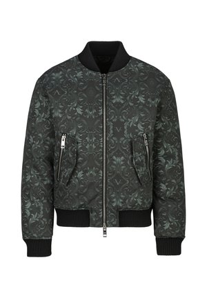 Veste bomber noire avec un motif floral complexe gris foncé, fermeture éclair frontale, deux poches zippées et col, poignets et ourlet en bord-côte.