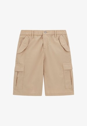 Pantaloni cargo beige con cintura elastica, due tasche laterali e due tasche cargo. Realizzati in tessuto leggero e liscio.