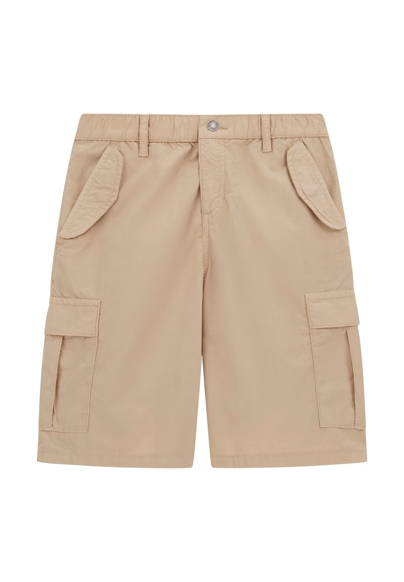 Beige színű cargo sort, rugalmas derékkal, két oldalsó zsebbel és két cargo zsebbel. Könnyű, sima anyagból készült.