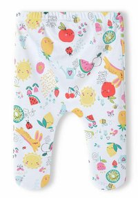 Colorful children's leggings made of soft, stretchy fabric, featuring a playful pattern of fruits, flowers, and cute animals on a white background.