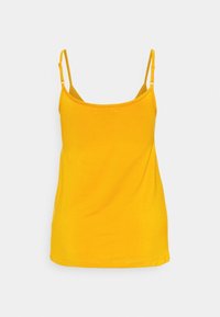 Yellow camisole with thin adjustable straps, made from soft fabric. Features a rounded neckline and a straight hem. No patterns or embellishments.