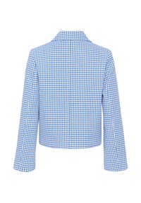 Camisa a cuadros azul y blanca hecha de tejido entrelazado, con cuello clásico y mangas largas con un corte relajado y sin cierres visibles.
