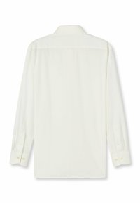 Wit shirt met lange mouwen, voorzien van een klassieke kraag, knoopmanchetten en een gladde textuur. Achteraanzicht toont een eenvoudig ontwerp zonder patronen.