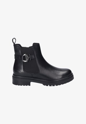 Black leather ankle boot with elastic side panels, a metal buckle accent, and a rugged sole for traction. Smooth texture and rounded toe.