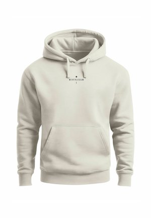 Light beige hoodie with a front pocket, drawstring hood, and minimal black text logo on the chest. Soft fabric, casual design.