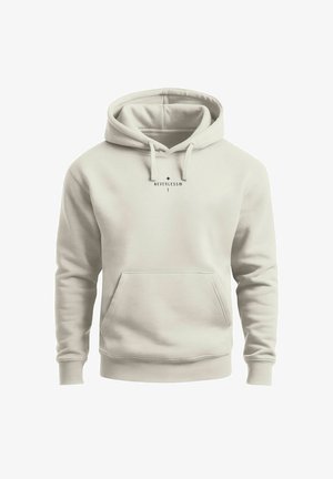 Light beige hoodie with a front pocket, drawstring hood, and minimal black text logo on the chest. Soft fabric, casual design.