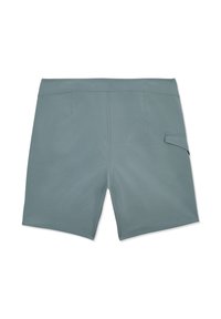Shorts de bain pour hommes gris-vert avec une poche arrière sur le côté droit et une ceinture droite, vus de dos.