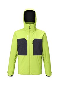 Veste vert lime vif avec un motif à carreaux noirs sur la poitrine, poches zippées, col haut et capuche ajustable.