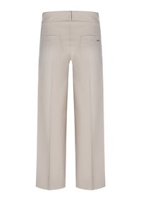 Beige weite Hose mit Gesäßtaschen und geradem Saum, von hinten auf weißem Hintergrund gezeigt.