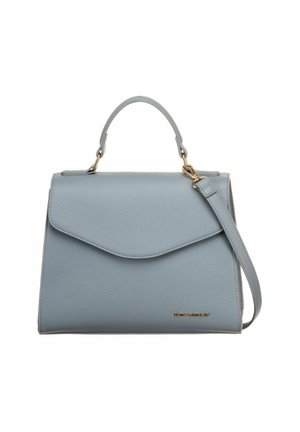 Sac à main en cuir bleu clair avec poignée supérieure, bandoulière amovible et ferrures dorées, doté d'une fermeture à rabat avant.