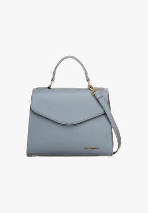 Sac à main en cuir bleu clair avec poignée supérieure, bandoulière amovible et ferrures dorées, doté d'une fermeture à rabat avant.