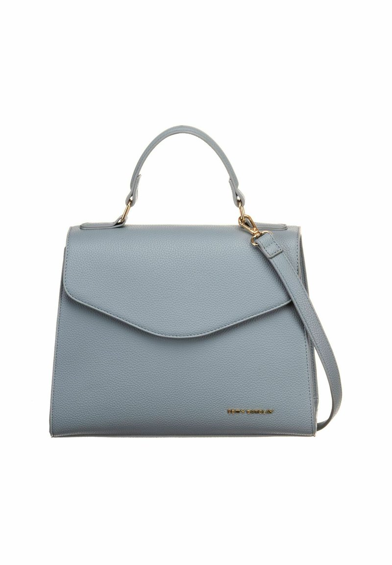 Sac à main en cuir bleu clair avec poignée supérieure, bandoulière amovible et ferrures dorées, doté d'une fermeture à rabat avant.