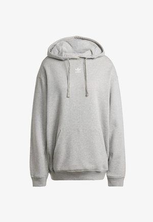 Gray hooded sweatshirt made of cotton blend, featuring a front pocket, ribbed cuffs, and a white logo on the chest.