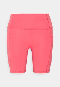 Růžové sportovní šortky vyrobené z elastické tkaniny; mají vysoký pas a boční kapsy; hladká textura s plochými švy pro pohodlí.