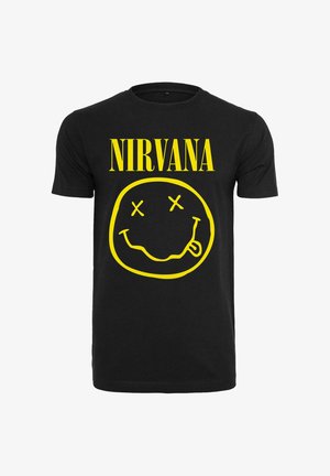 Crna pamučna majica s velikim žutim natpisom "NIRVANA" i grafikom nasmijanog lica s X očima i ispupčenim jezikom.