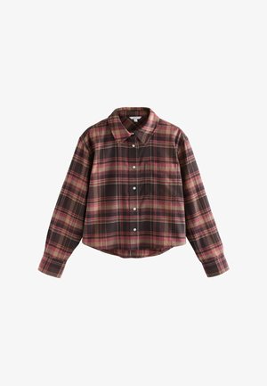 Chemise à carreaux marron avec un col évasé, des manches longues et des boutons. Le tissu a une texture douce avec des accents bordeaux et beige.