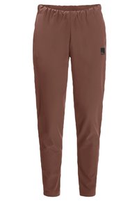 Brune, lette og pustende bukser med elastisk liv. Har et logo-merke på høyre side. Glatt tekstur, tettsittende passform.