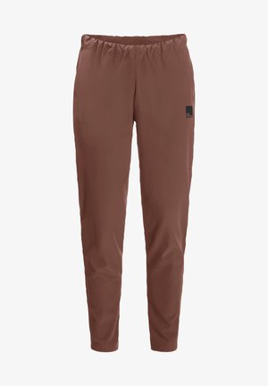 Brown, lightweight, and breathable pants with an elastic waistband. Features a logo patch on the right side. Smooth texture, tapered fit.