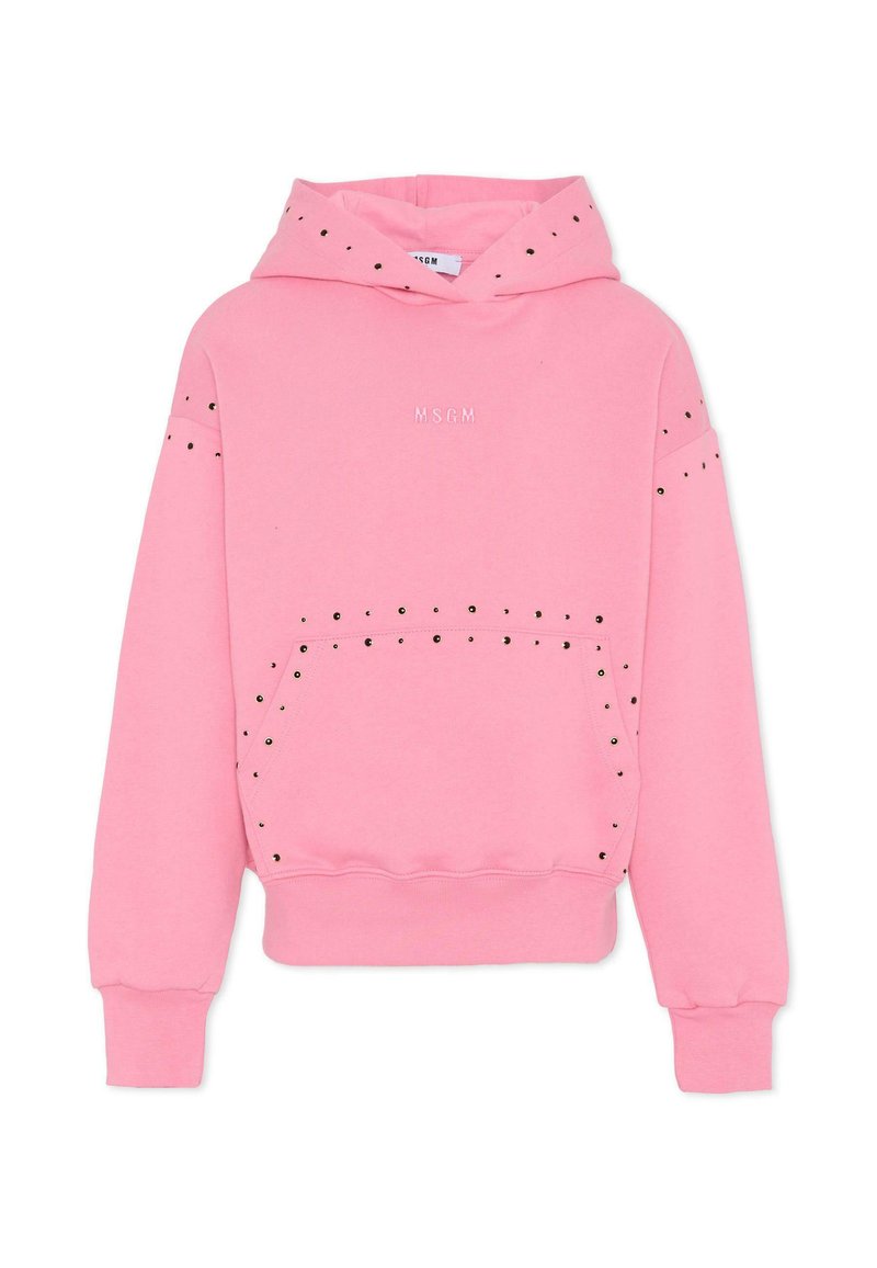 Różowa bluza z kapturem i kieszenią z przodu, czarne ćwieki na brzegach, ściągacze na rękawach oraz haftowane logo "MSGM" na klatce piersiowej.