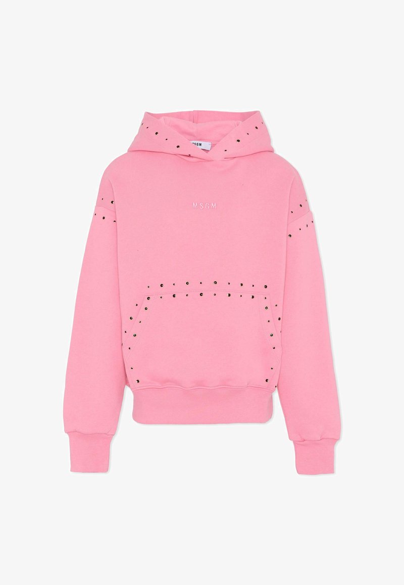 Różowa bluza z kapturem i kieszenią z przodu, czarne ćwieki na brzegach, ściągacze na rękawach oraz haftowane logo "MSGM" na klatce piersiowej.