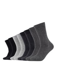 Pack von acht Socken in verschiedenen Schwarz-, Grau- und Anthrazit-Tönen, mit geripptem Bündchen, mittellanger Beinform und glatter Textur.