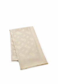 Pañuelo de seda beige con un sutil patrón geométrico, con bordes con flecos y textura suave. No se incluyen dimensiones ni especificidades del patrón.